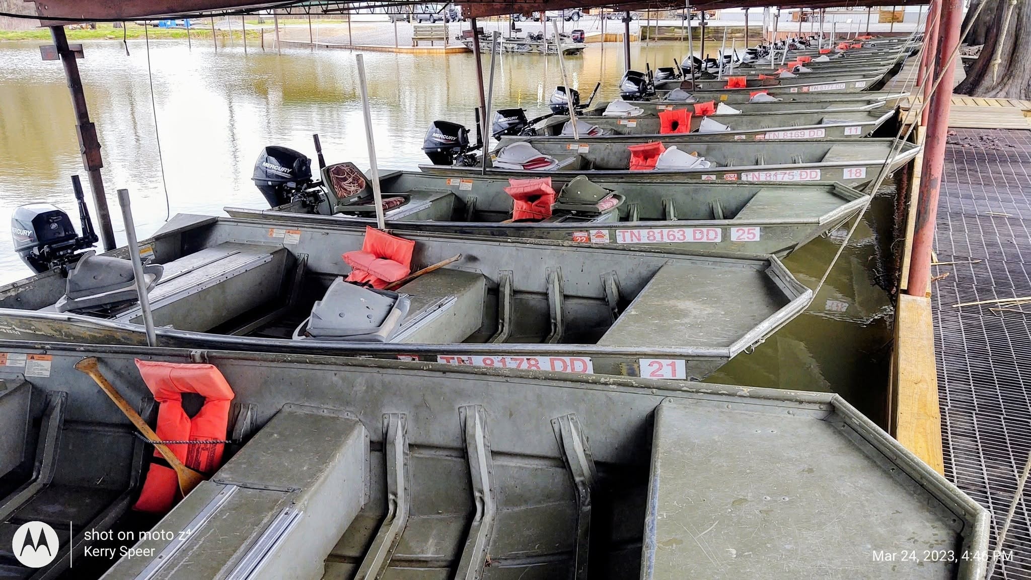 Jon boats lined up at the Southshore Resort marina