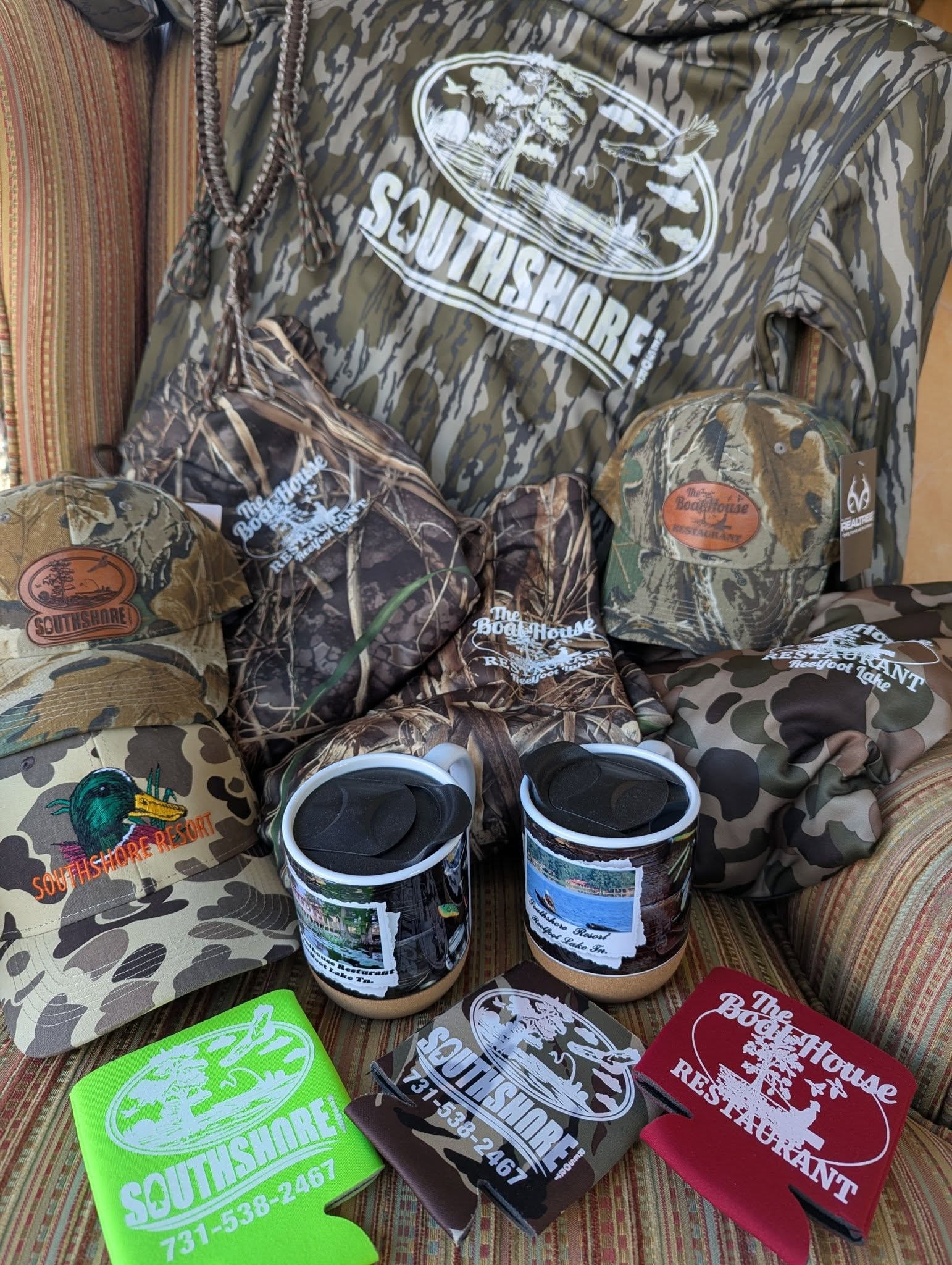 Southshore Resort branded apparel, hats, mugs and koozies