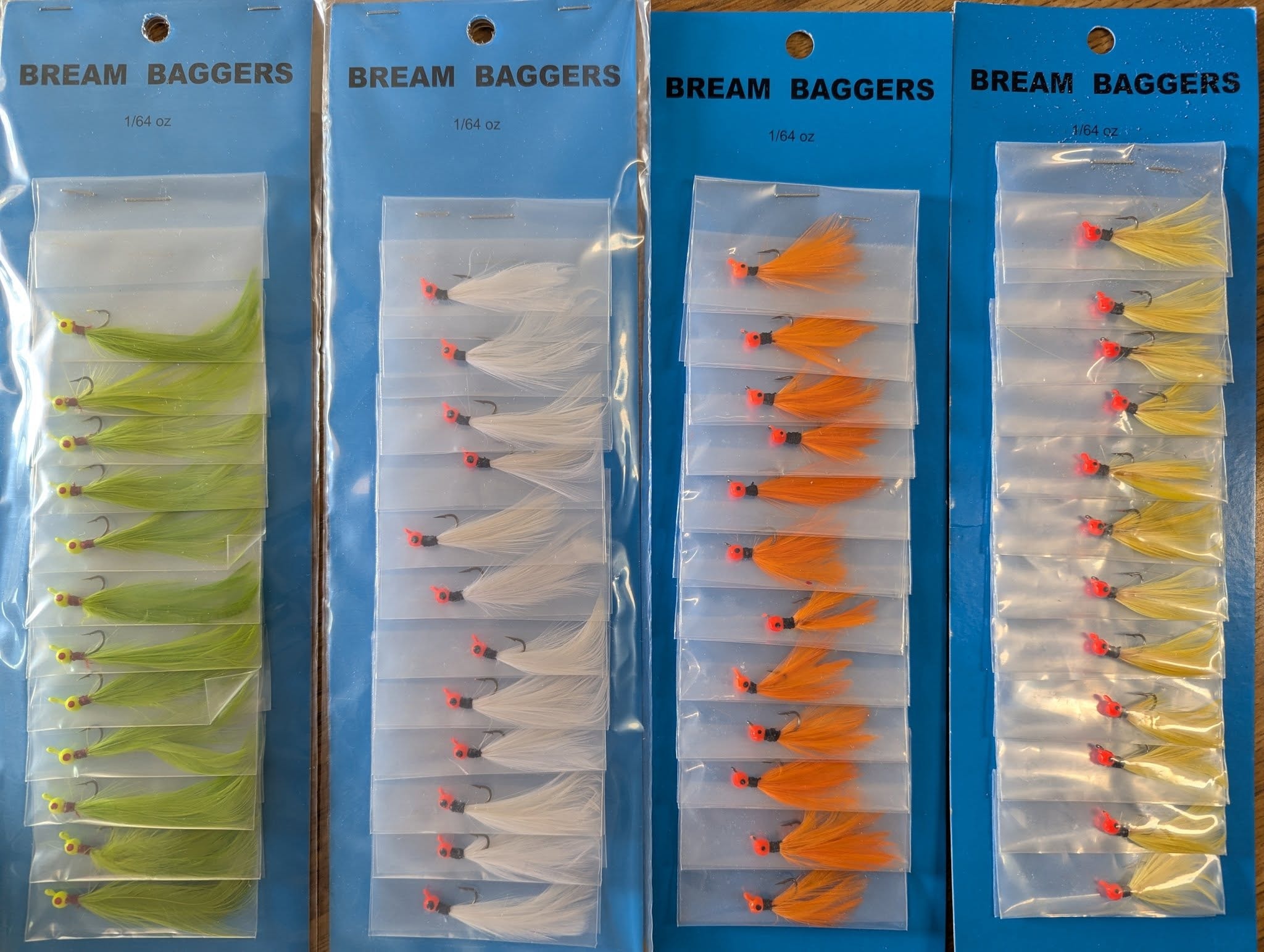 Bream Baggers jigs in four color variants on blue cards