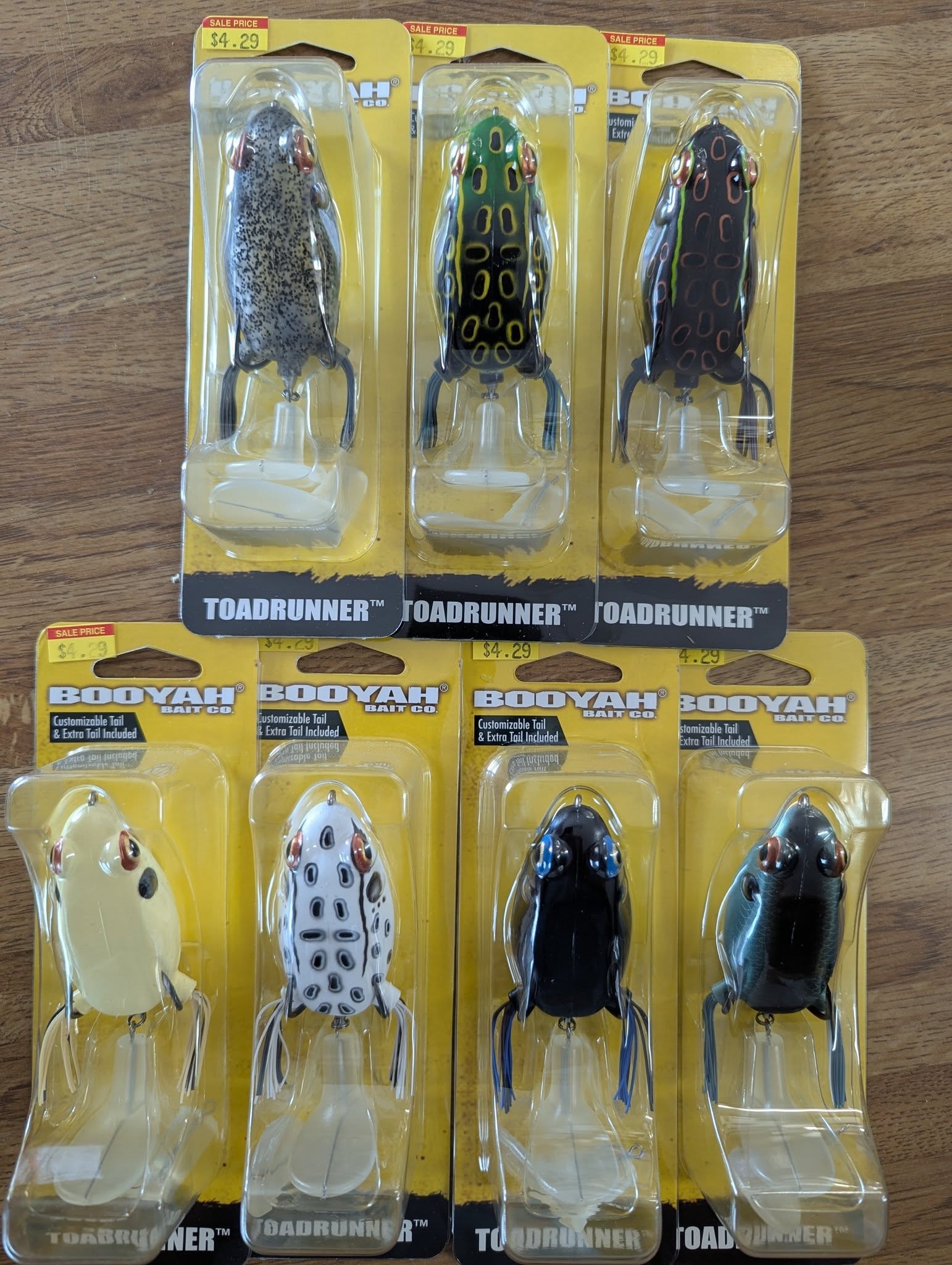 Booyah Toadrunner frog lures in seven color variants on retail cards
