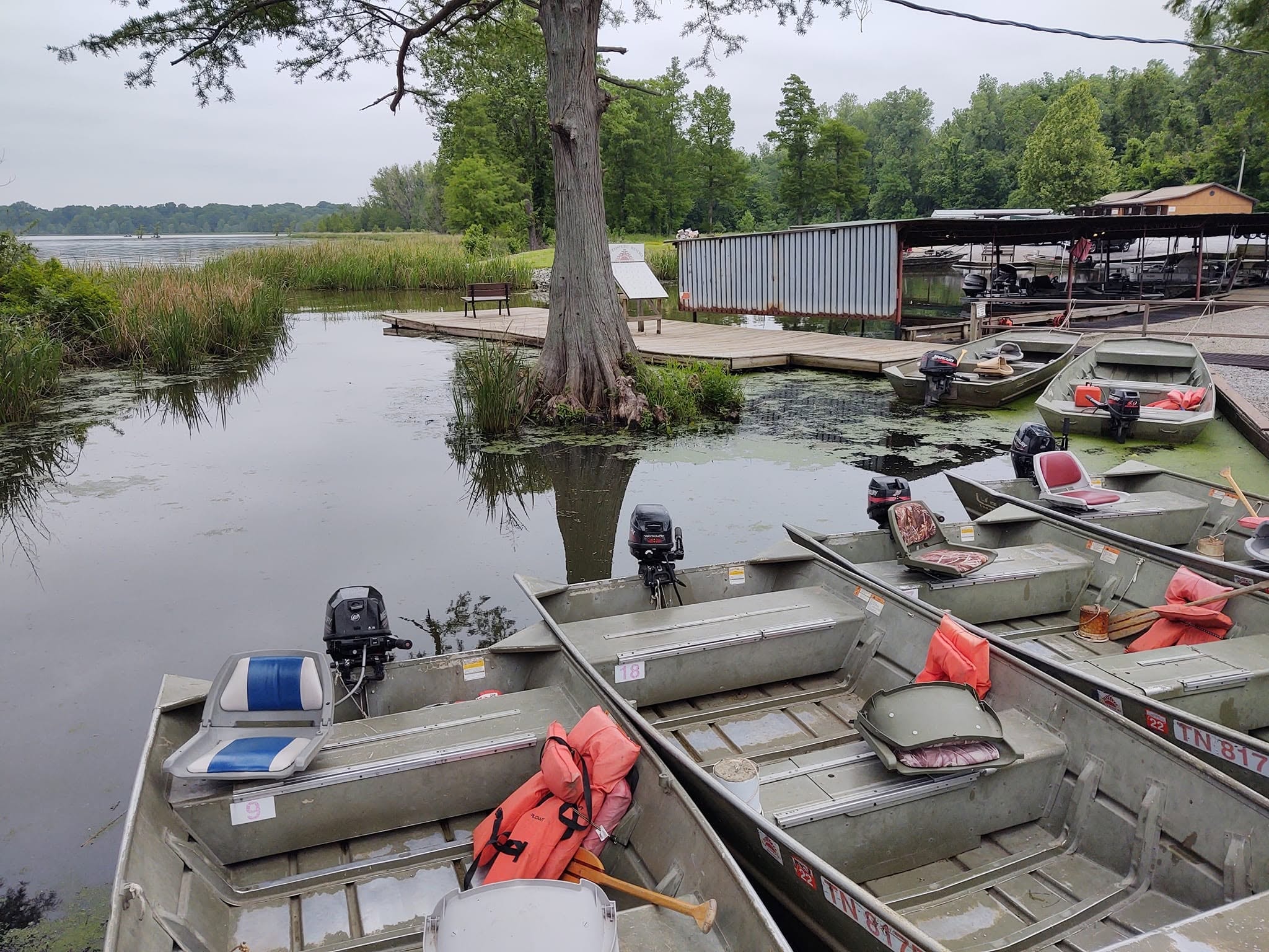 Southshore Resort jon boats lined up at the dock ready to rent