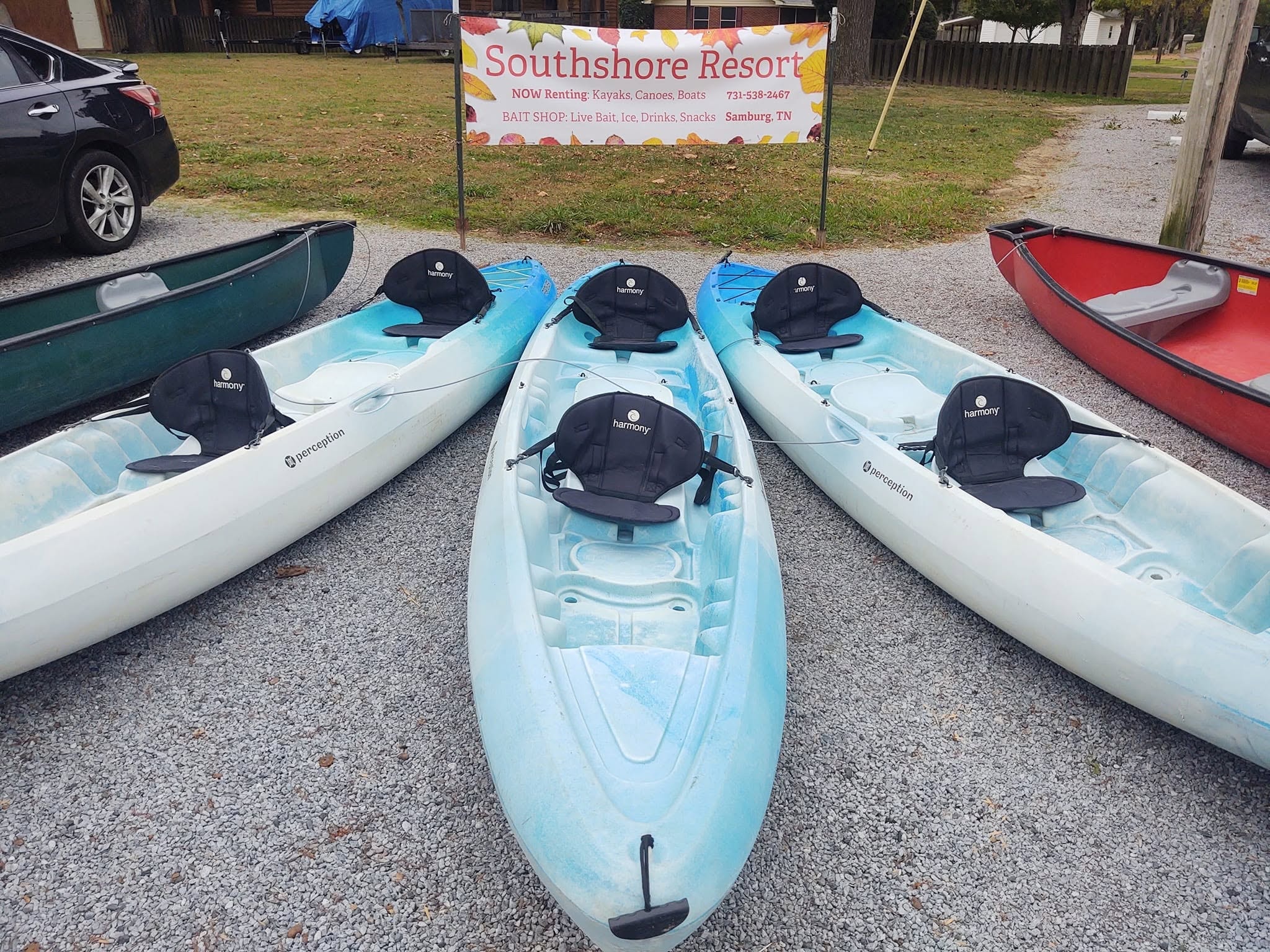 Southshore Resort kayaks and canoes lined up for rental