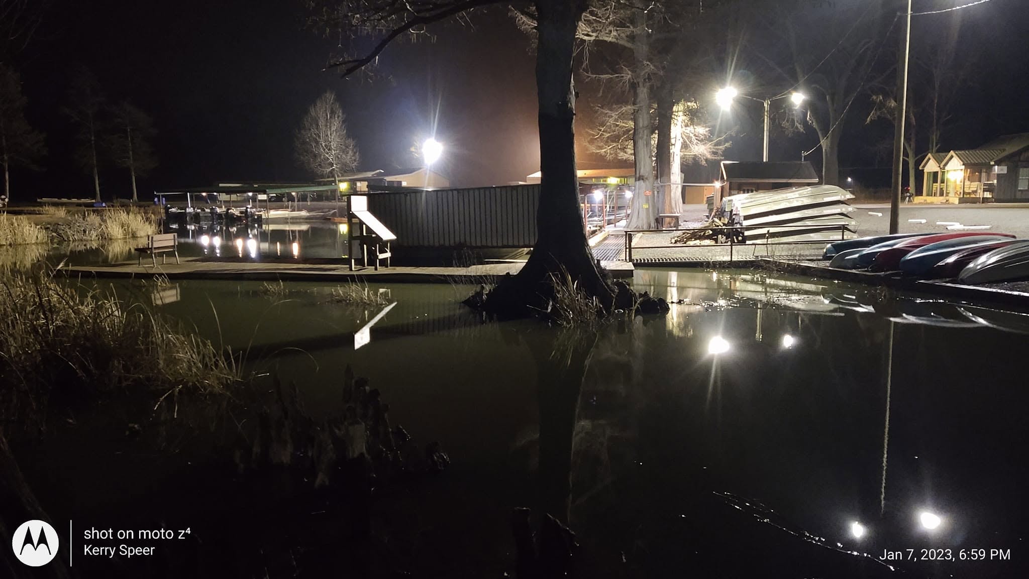 Southshore Resort marina and boat slips lit up at night with cypress tree reflections