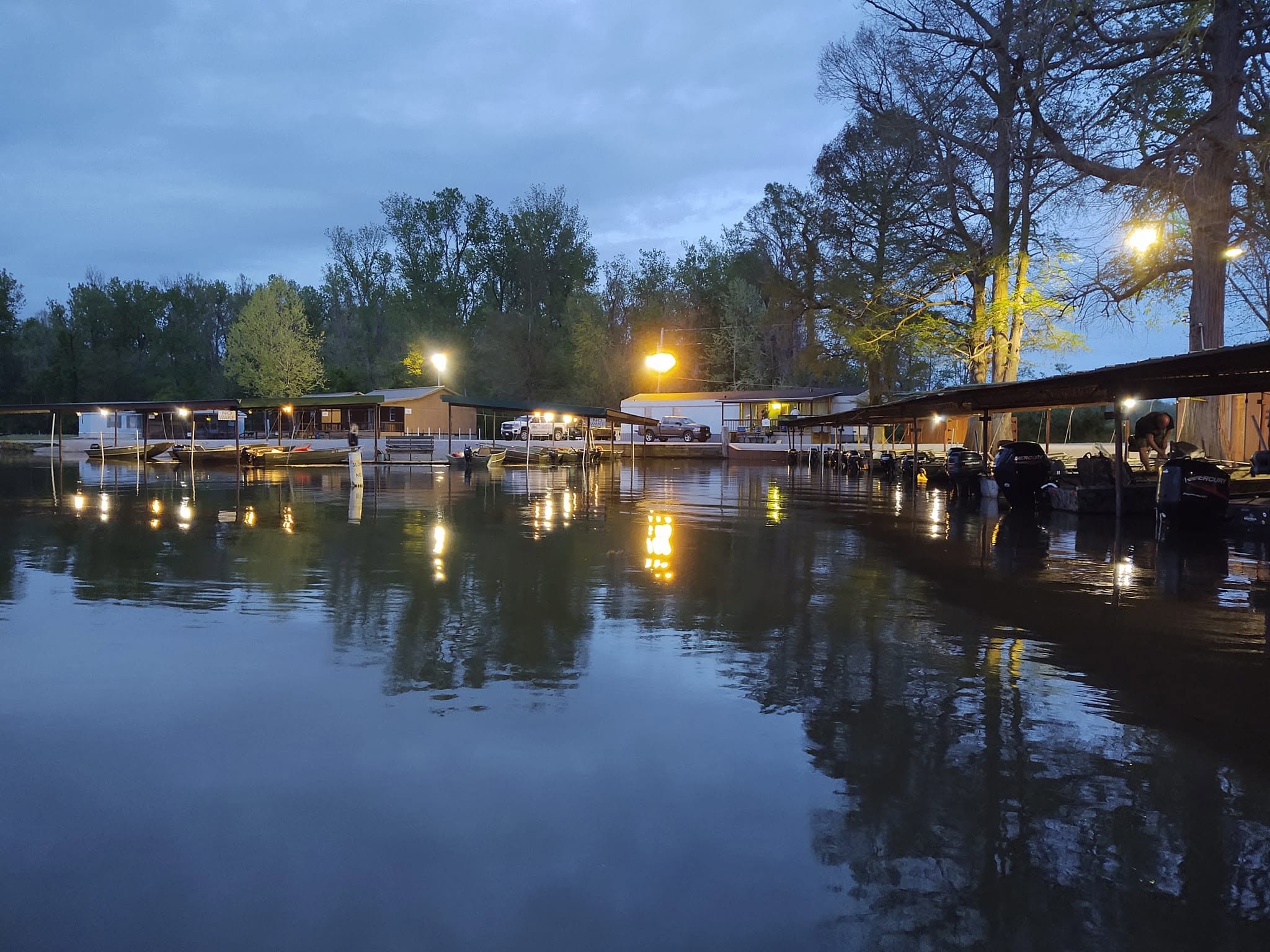 Southshore Resort marina lit up at twilight