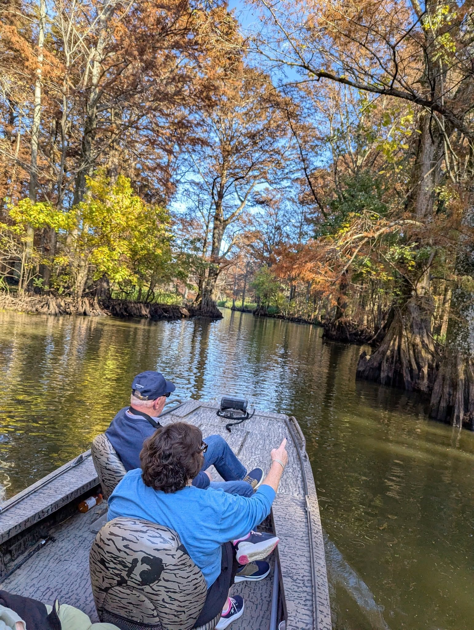 Couple pointing out wildlife on a Reelfoot Lake boat tour through fall foliage