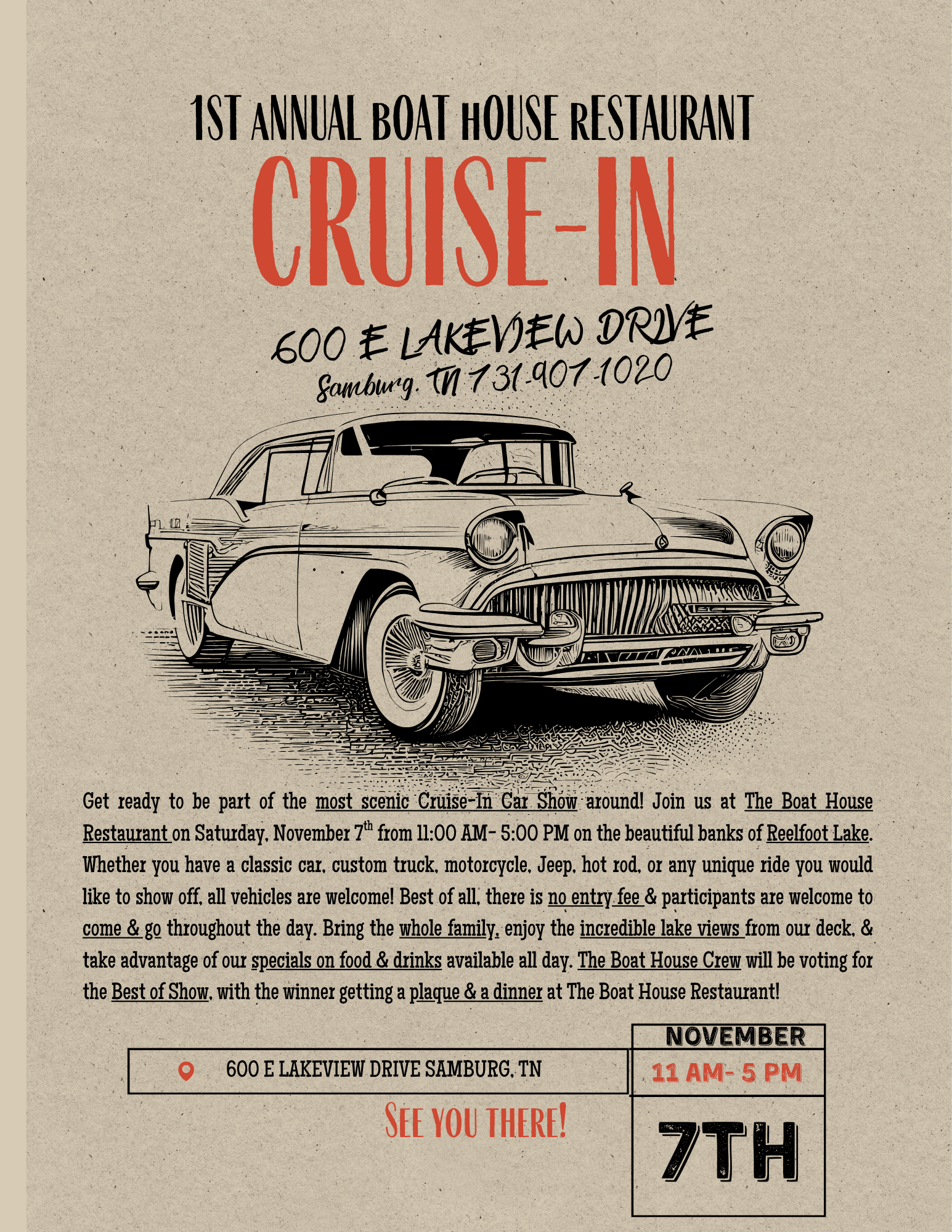 1st Annual Boat House Restaurant Cruise-In Car Show flyer — November 7th, 11AM–5PM