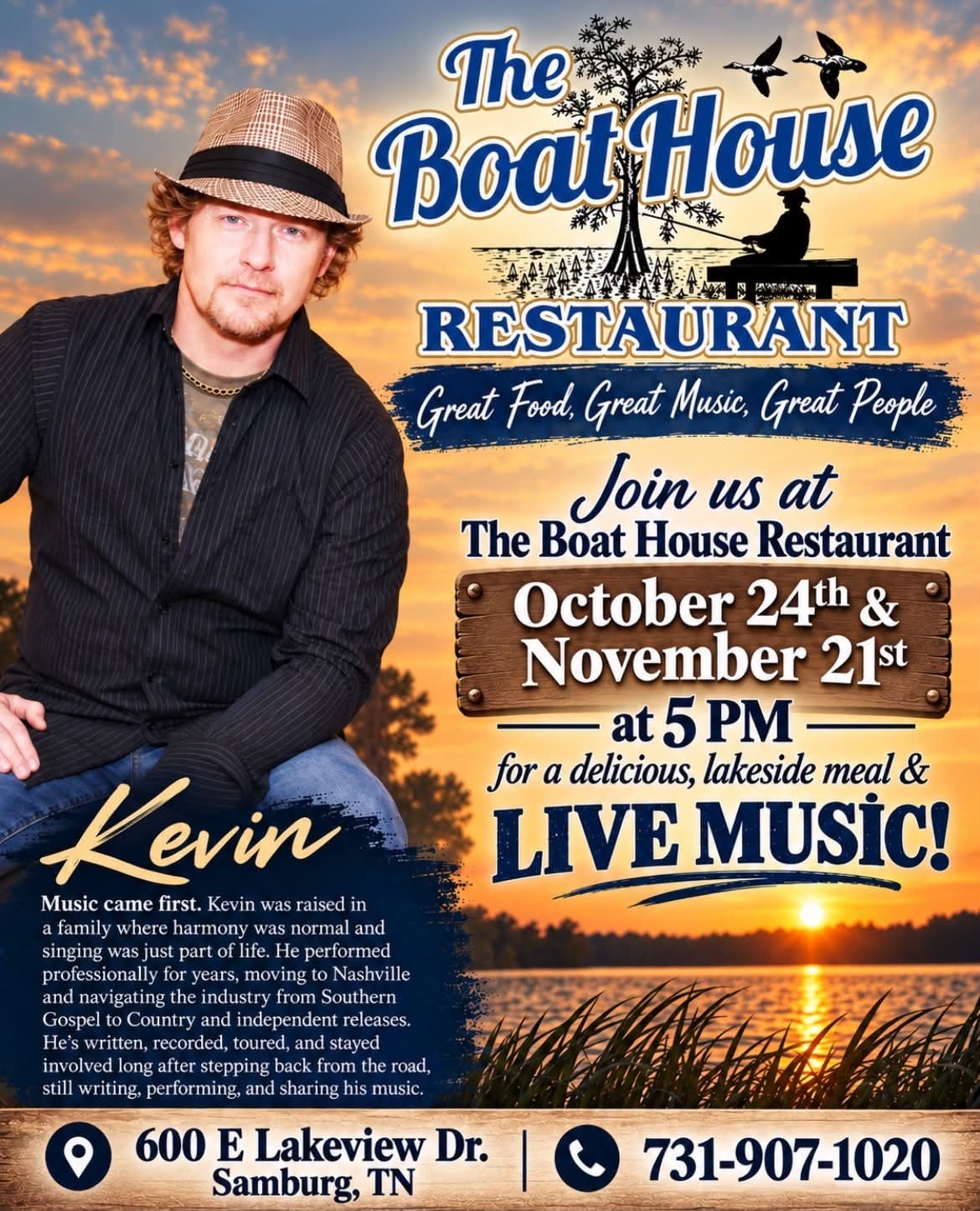 Live Music with Kevin Herrick at The Boat House Restaurant — October 24th and November 21st at 5 PM