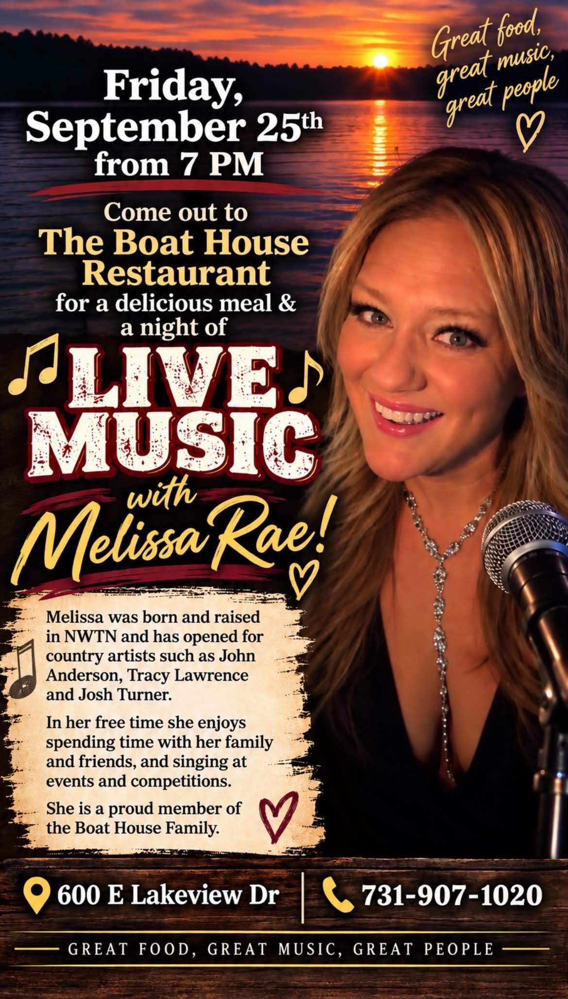 Live Music with Melissa Rae at The Boat House Restaurant — Friday September 25th from 7 PM