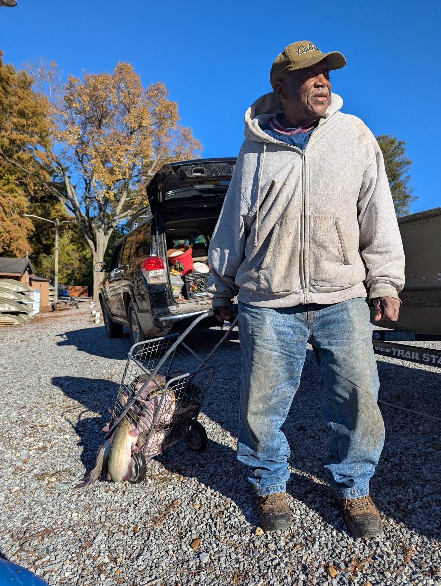 Angler with a big catfish haul at the Southshore Resort parking lot