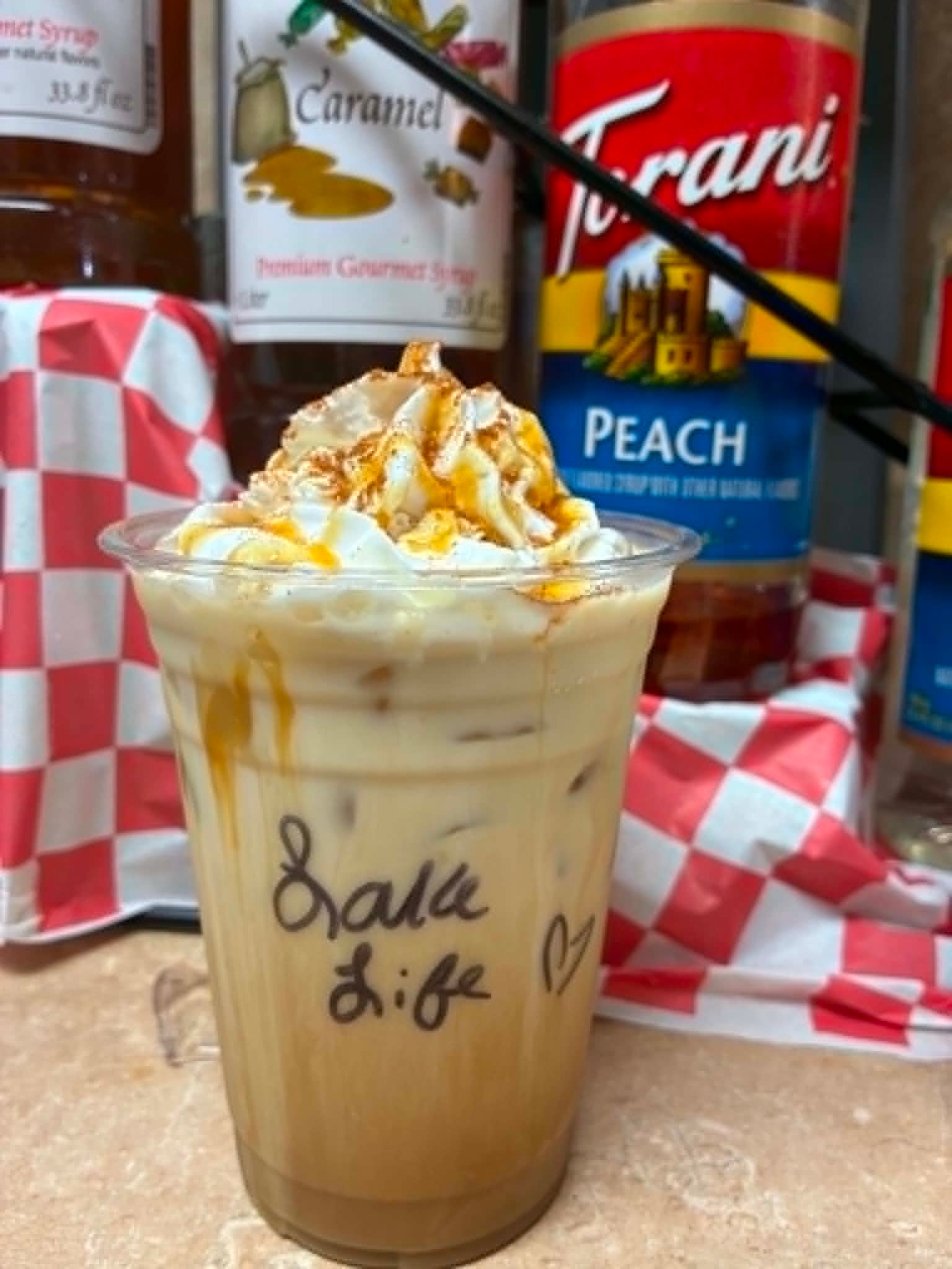 Lake Life iced caramel peach coffee with Torani syrups at The Boat House Restaurant