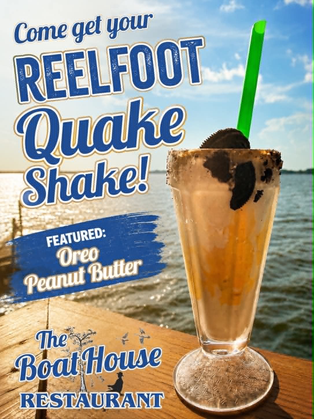 Reelfoot Quake Shake Oreo Peanut Butter promotional poster at The Boat House Restaurant