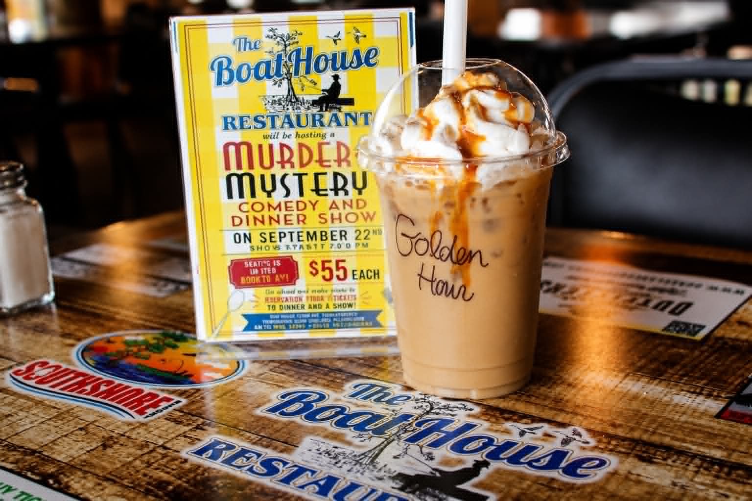Vanilla Quake Shake with orange candy garnish and whipped cream at The Boat House Restaurant