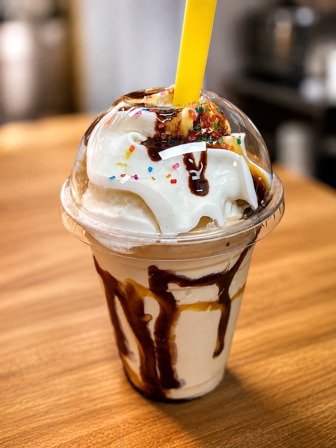 Vanilla Quake Shake with rainbow sprinkles and chocolate drizzle at The Boat House Restaurant