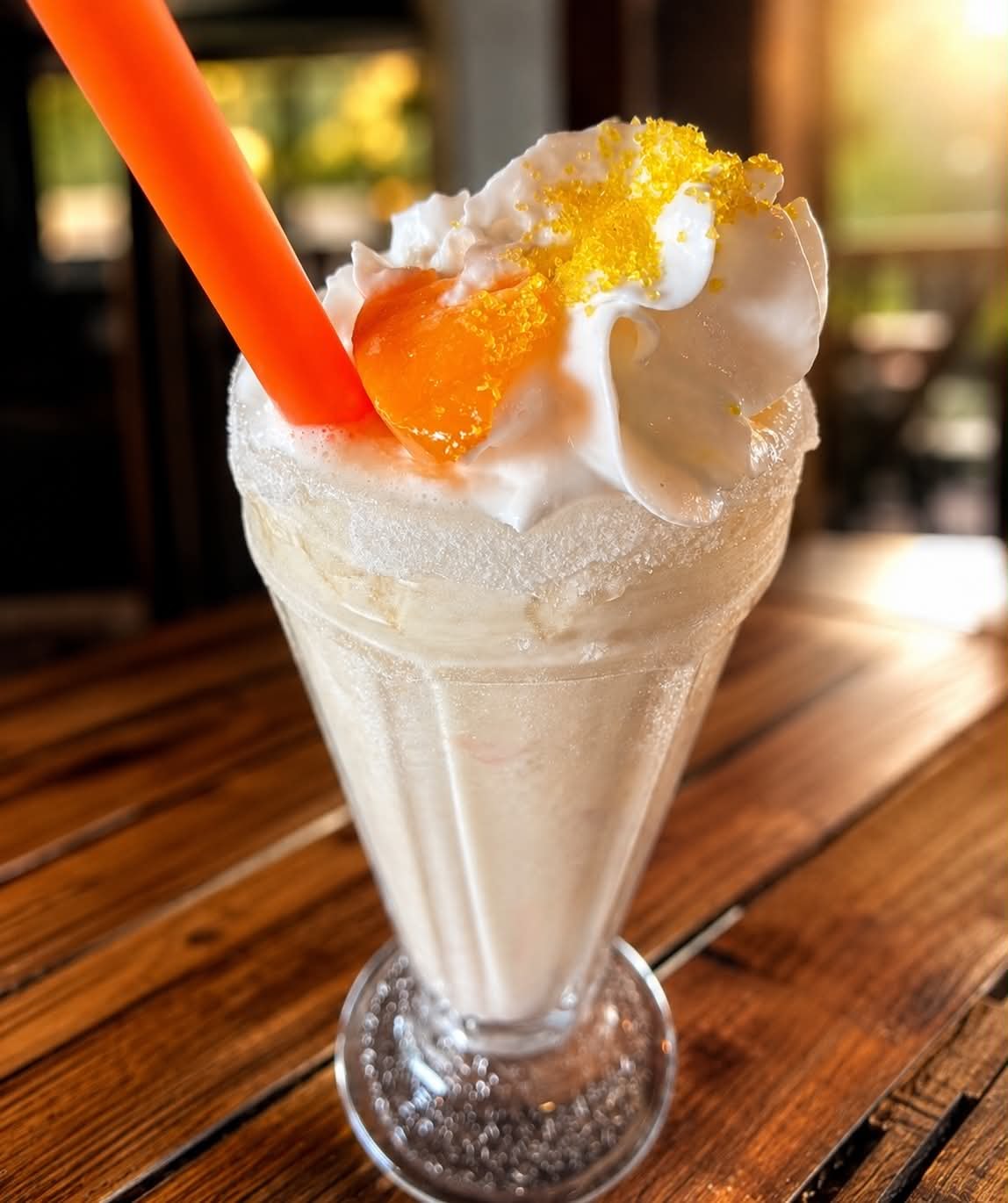 Four colorful fruit smoothies — Just Peachy, Mango, Berry, and Peach — at The Boat House Restaurant