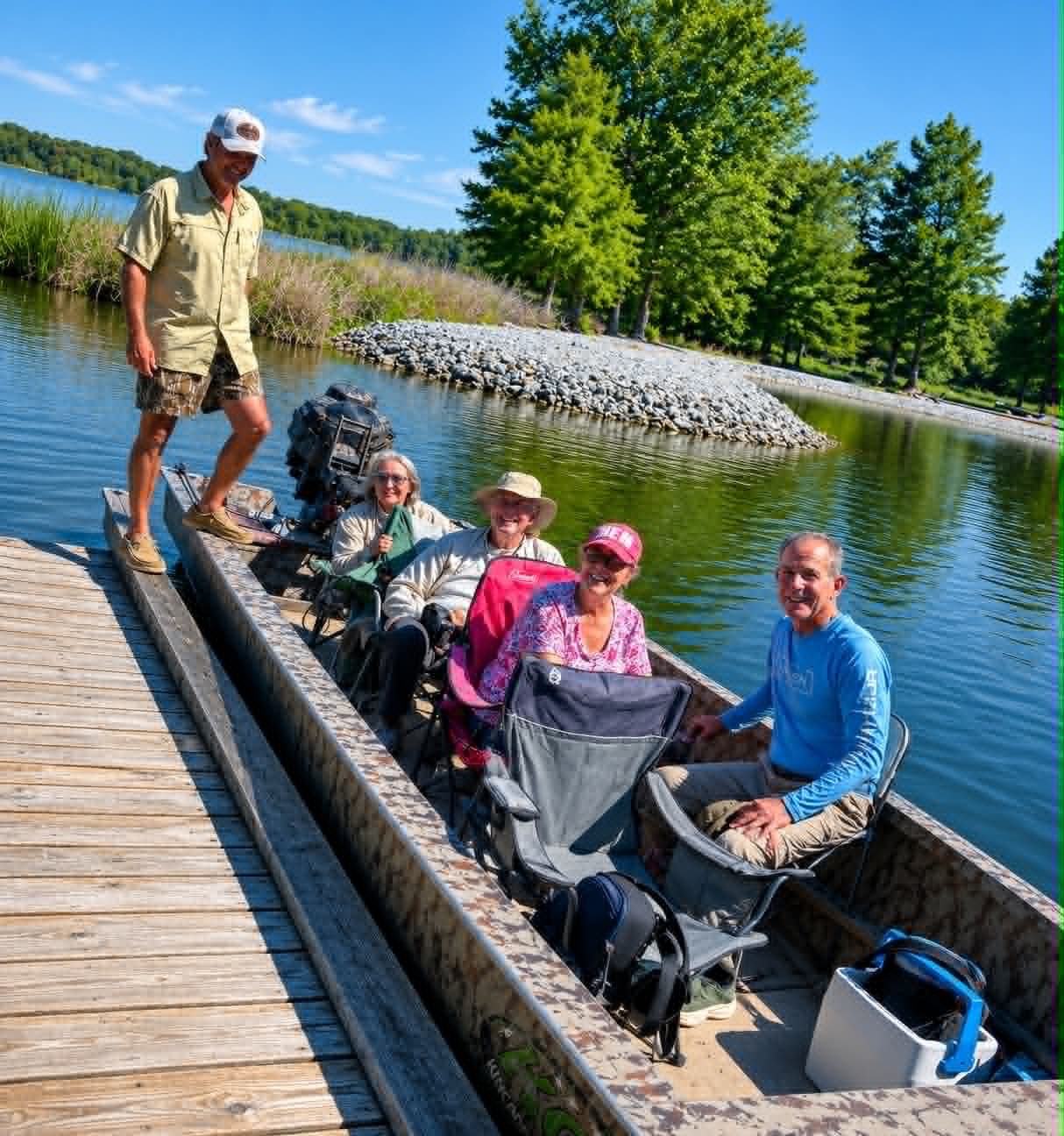Group of four guests seated in a jon boat at the Southshore Resort dock on a sunny day