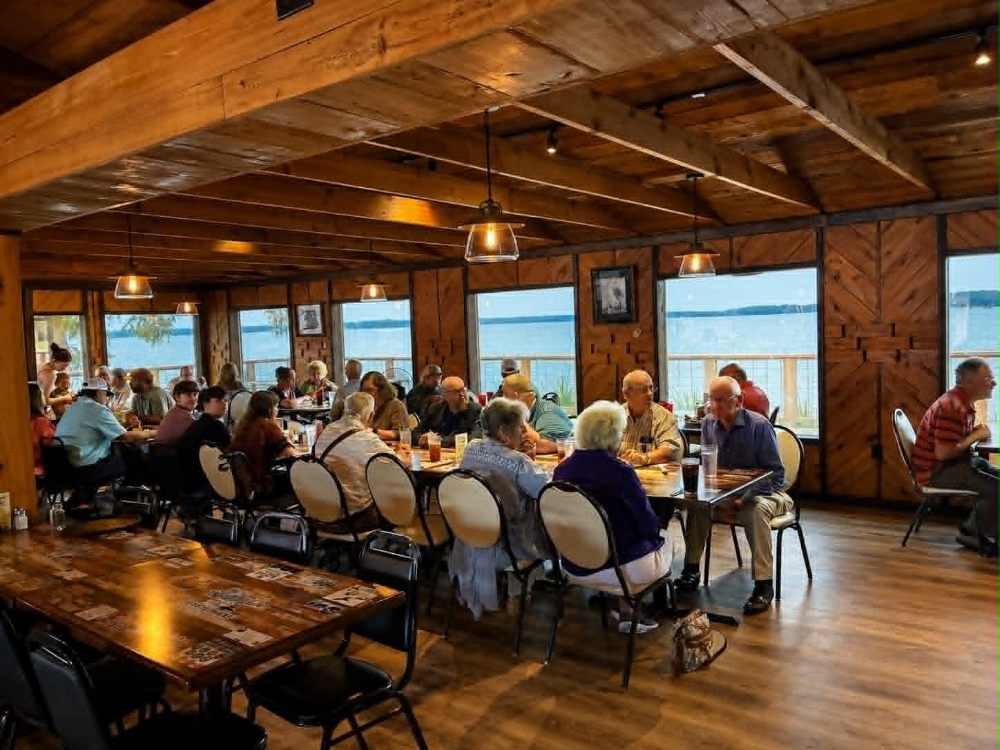 Full dining room at The Boat House Restaurant with lake views through large windows