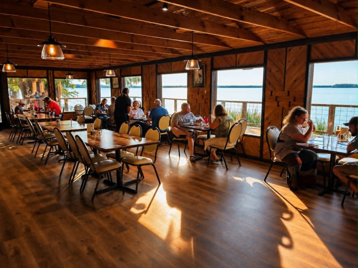 Warm golden hour light filling The Boat House Restaurant dining room with lake views