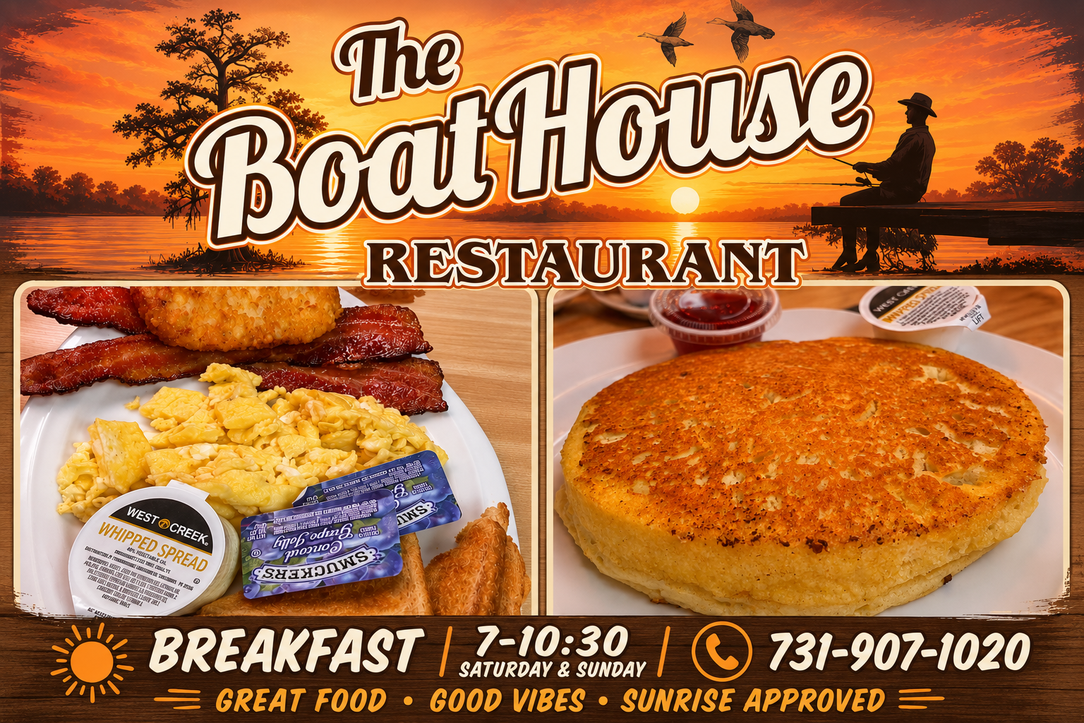 The Boat House Restaurant breakfast flyer — Saturday & Sunday 7–10:30 AM