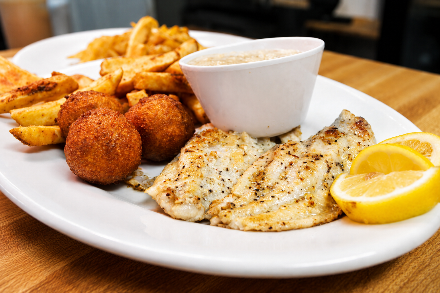 Grilled crappie fillet with hush puppies, fries and lemon at The Boat House Restaurant