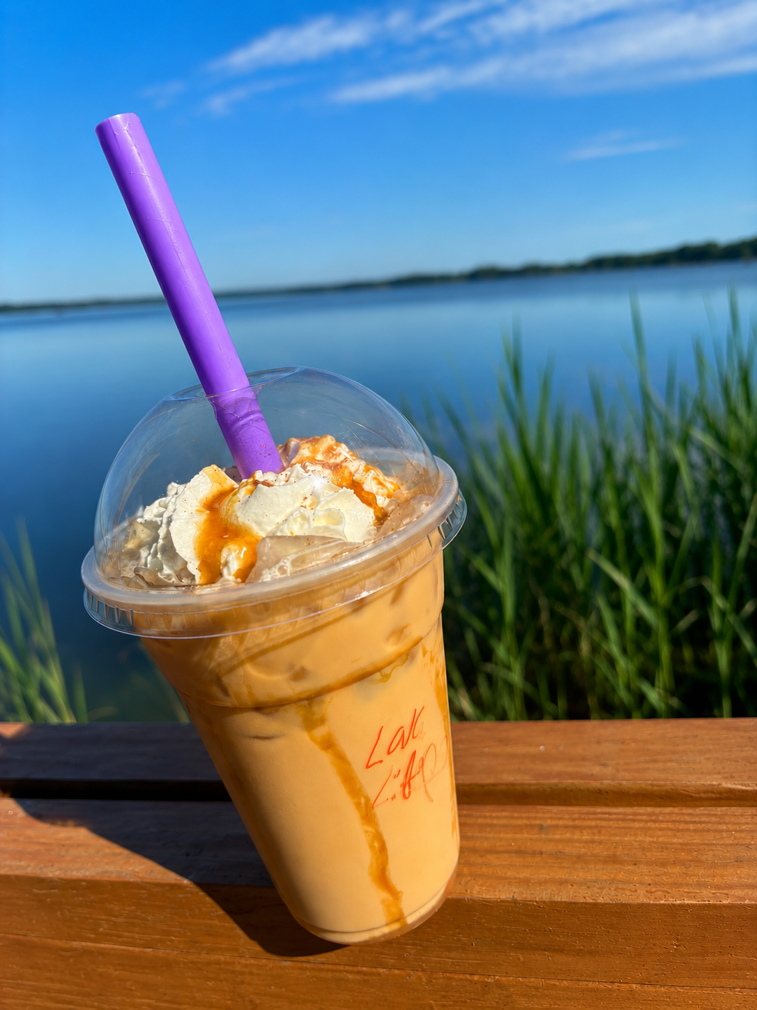 Iced caramel coffee with whipped cream by Reelfoot Lake