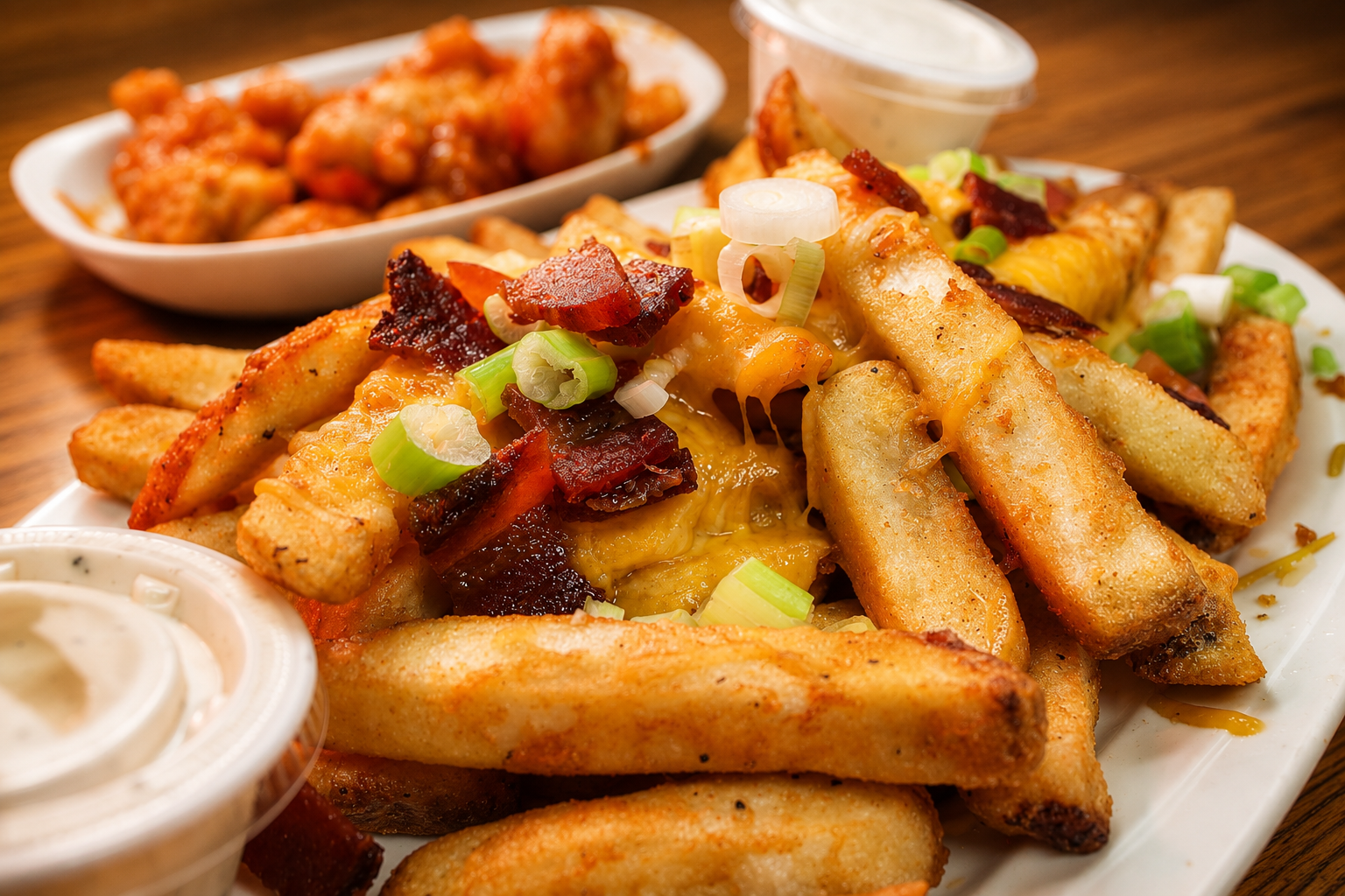 Loaded cheese fries with bacon and green onions at The Boat House Restaurant