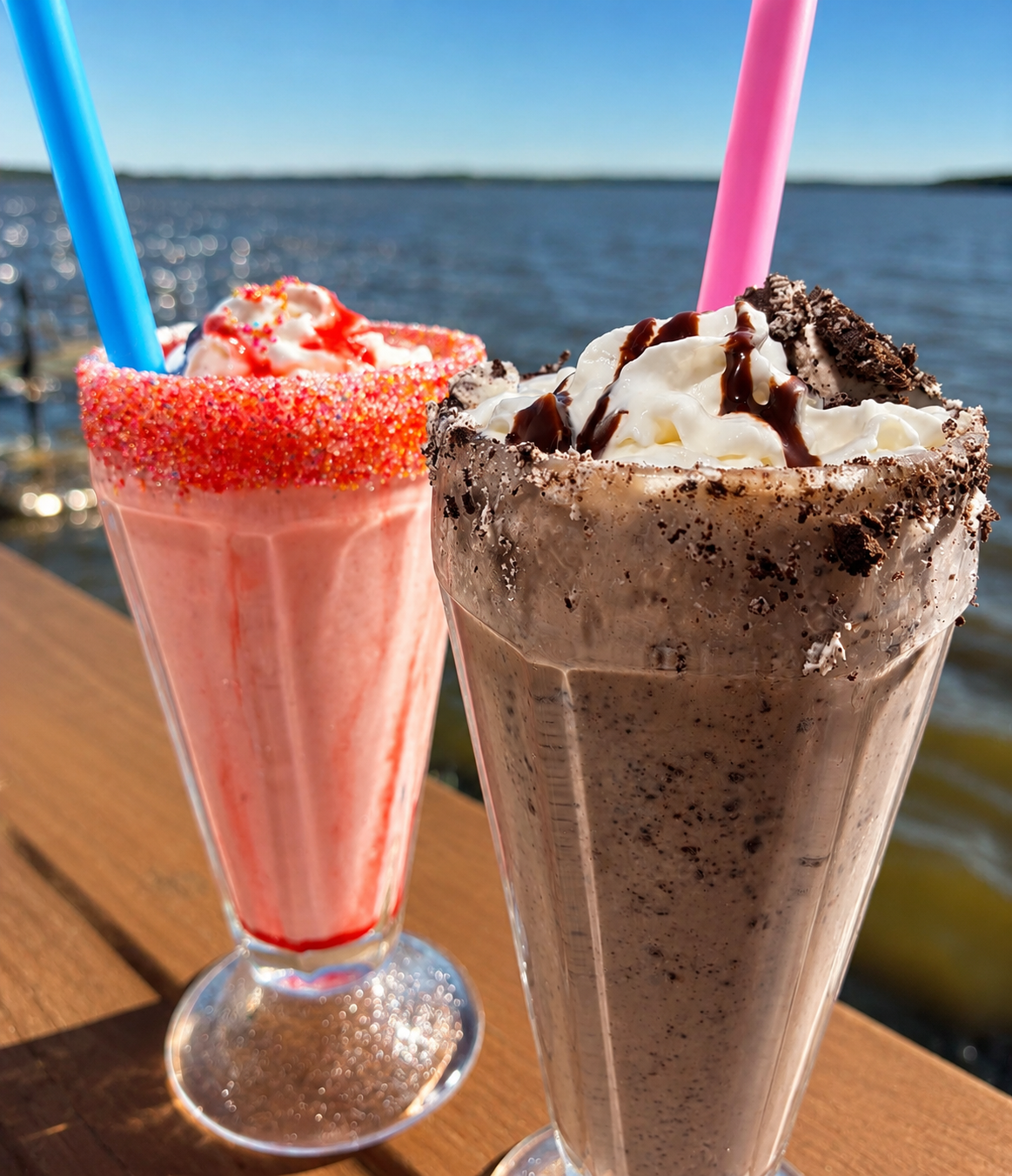 Strawberry and Oreo milkshakes on the dock at The Boat House Restaurant