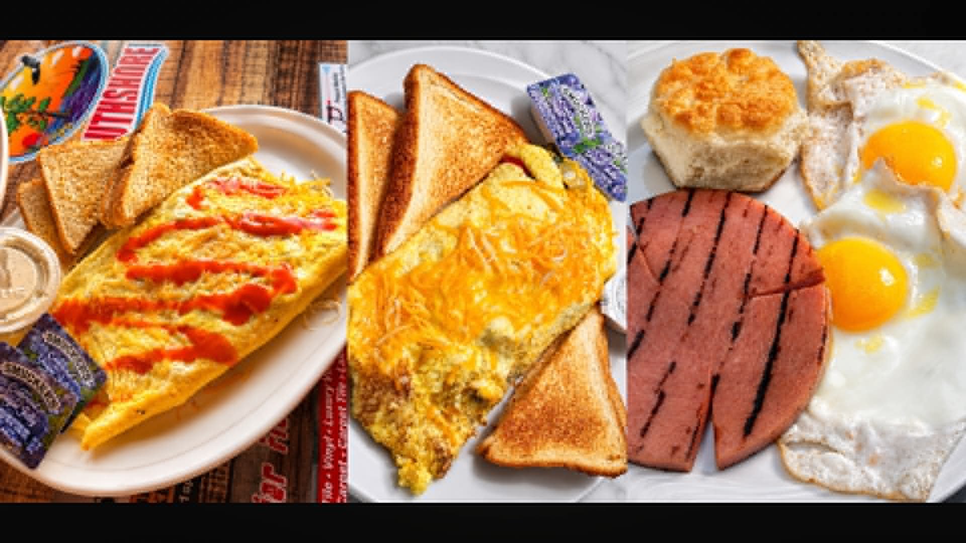 Cheese omelets with toast and grilled ham breakfast plate at The Boat House Restaurant