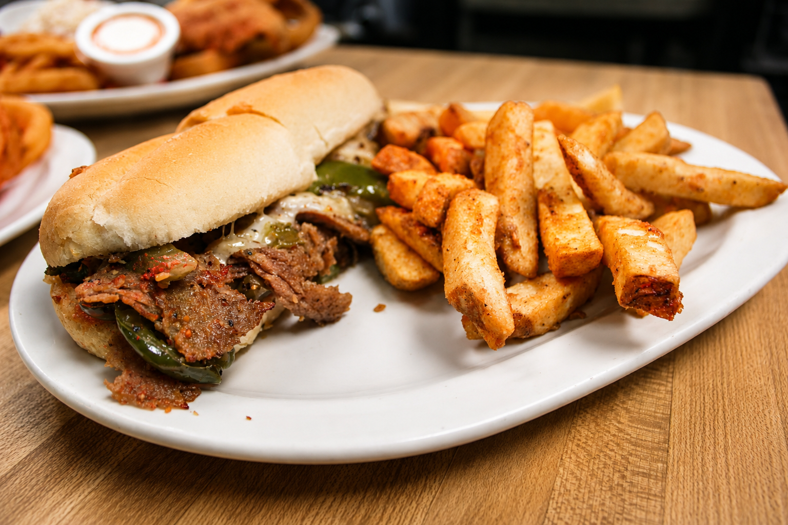 Philly cheesesteak with peppers and seasoned fries at The Boat House Restaurant