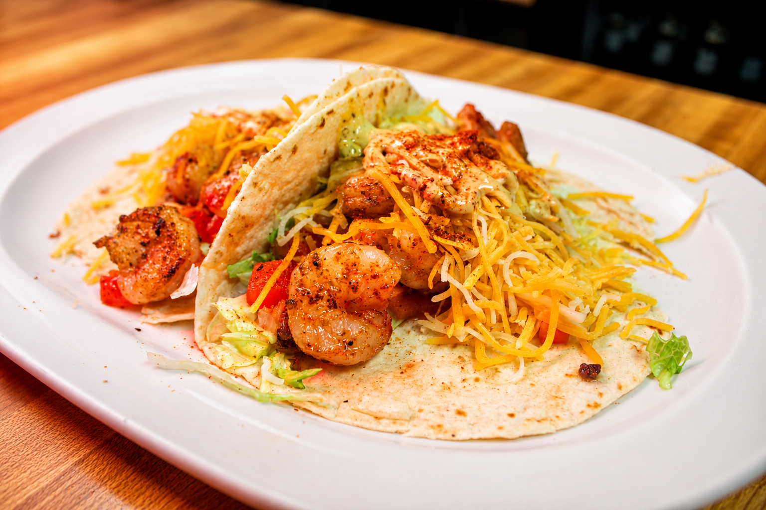 Seasoned shrimp tacos with shredded cheese and lettuce at The Boat House Restaurant