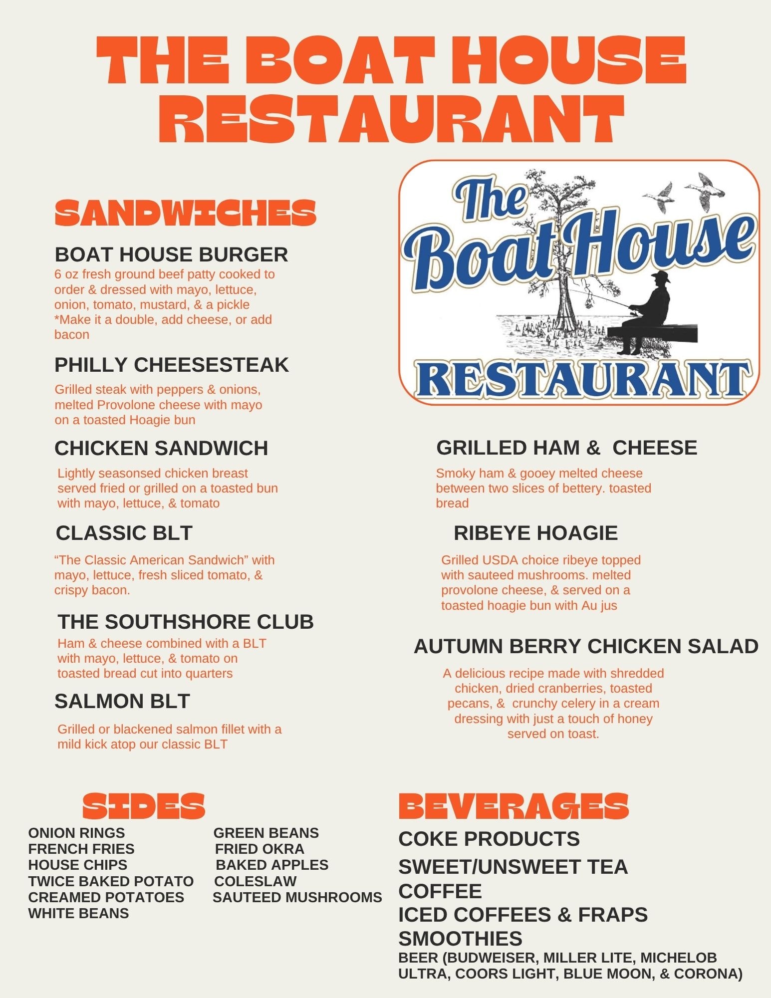 The Boat House Restaurant menu — Sandwiches, Sides, and Beverages
