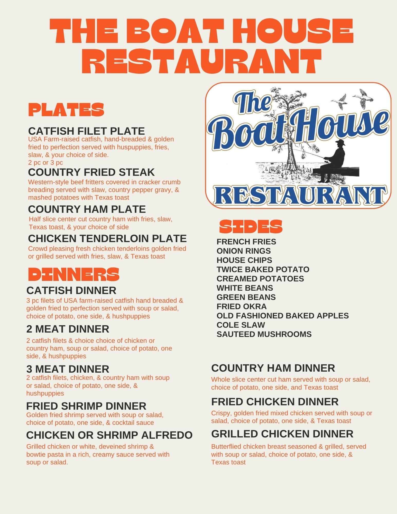 The Boat House Restaurant menu — Plates and Dinners
