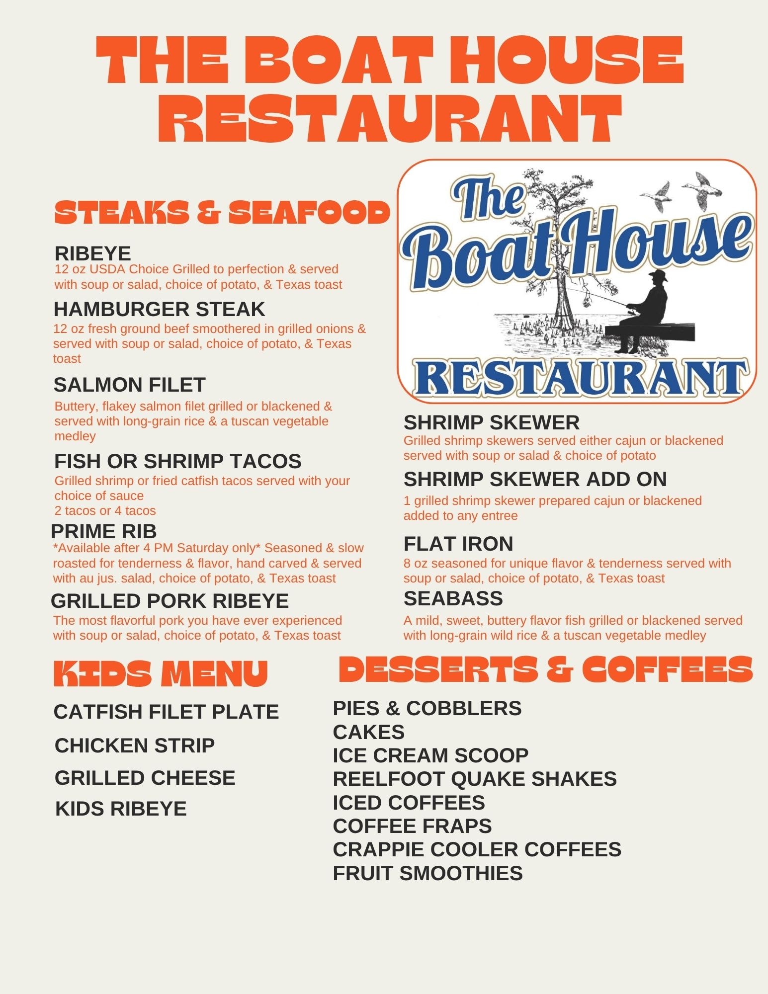The Boat House Restaurant menu — Steaks & Seafood, Kids Menu, Desserts & Coffees