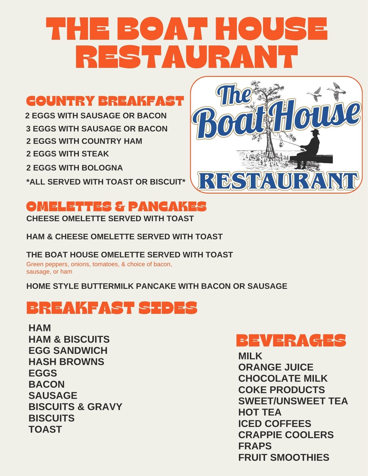 The Boat House Restaurant menu — Country Breakfast, Omelettes & Pancakes, Breakfast Sides, Beverages