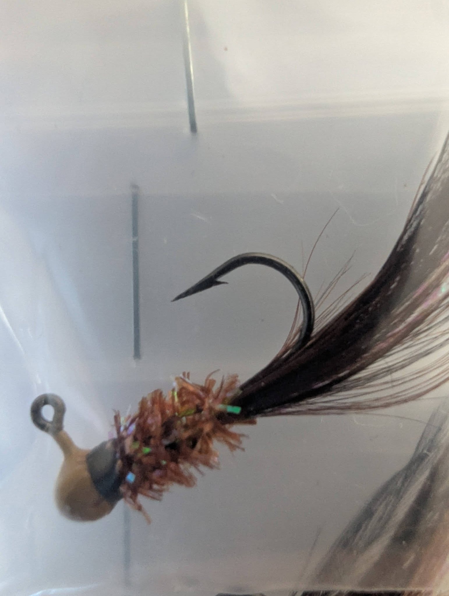 Brown marabou jig close-up