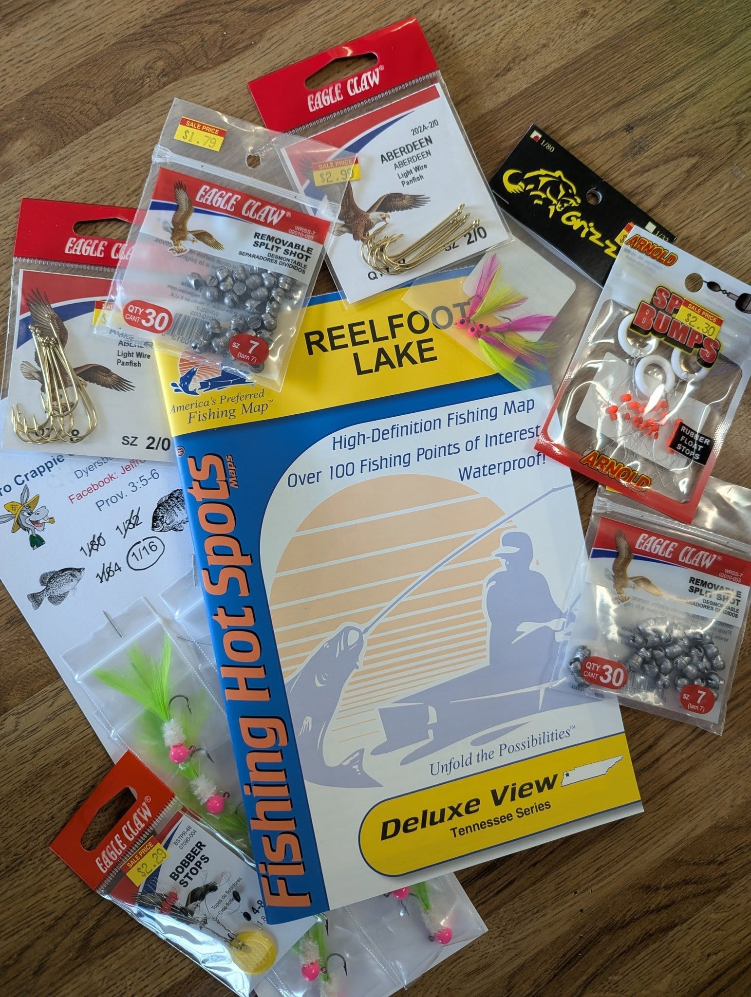 Eagle Claw hooks and Reelfoot Lake map flat lay